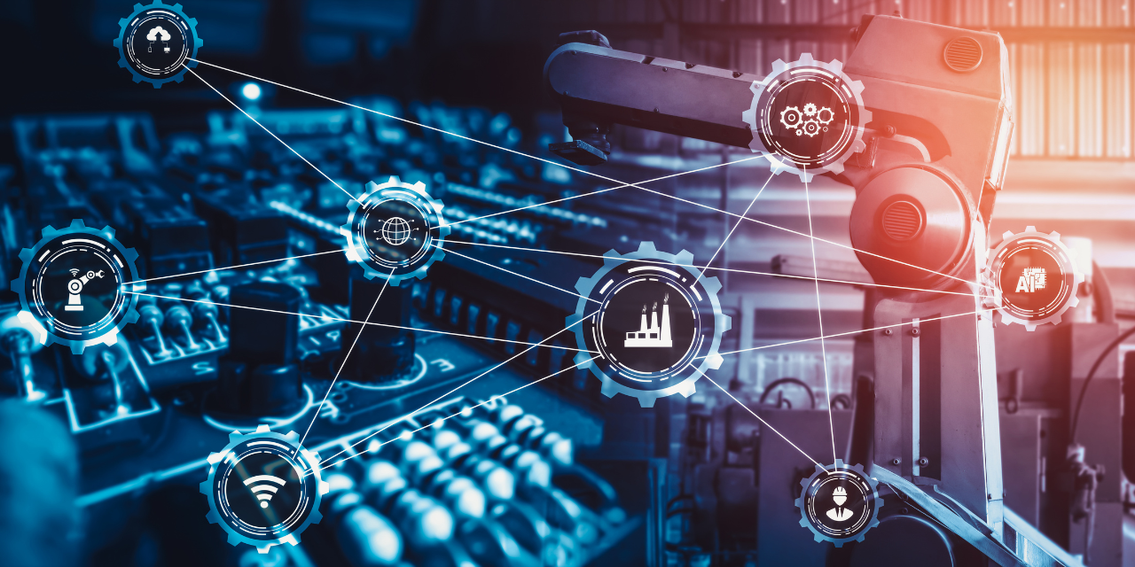 Factory equipment with icons overlaid on the image.