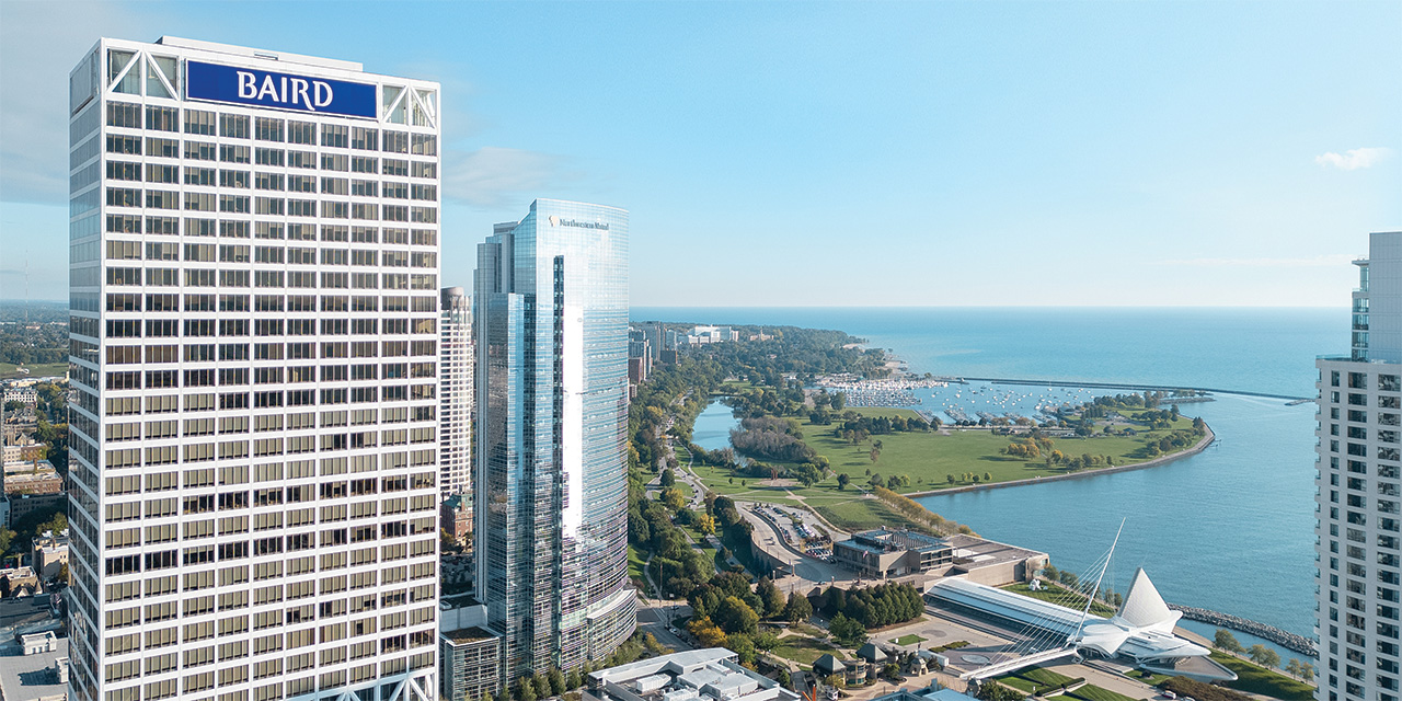  Nexus signage atop U.S. Bank Center in the Milwaukee skyline overlooking Lake Michigan